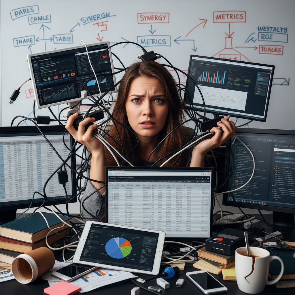 Marketer sfrustrowany nad pulpitem narzędzi marketingowych, chaotyczne dane, konflikt wyboru