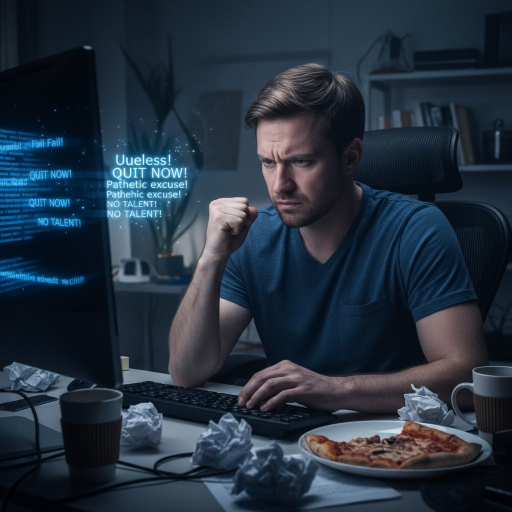 Osoba sfrustrowana przed komputerem, otoczona negatywnymi komentarzami w tle