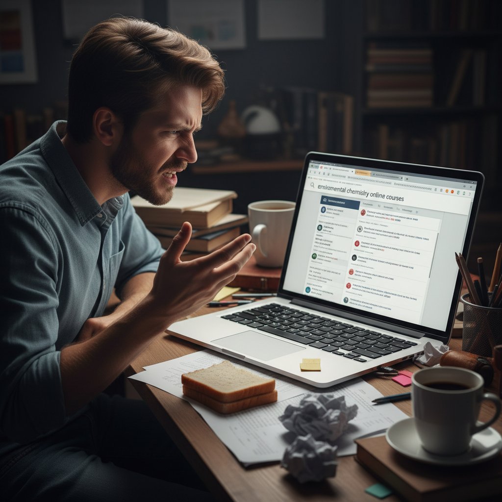 Osoba sfrustrowana przy komputerze, szukająca kursów chemii środowiska