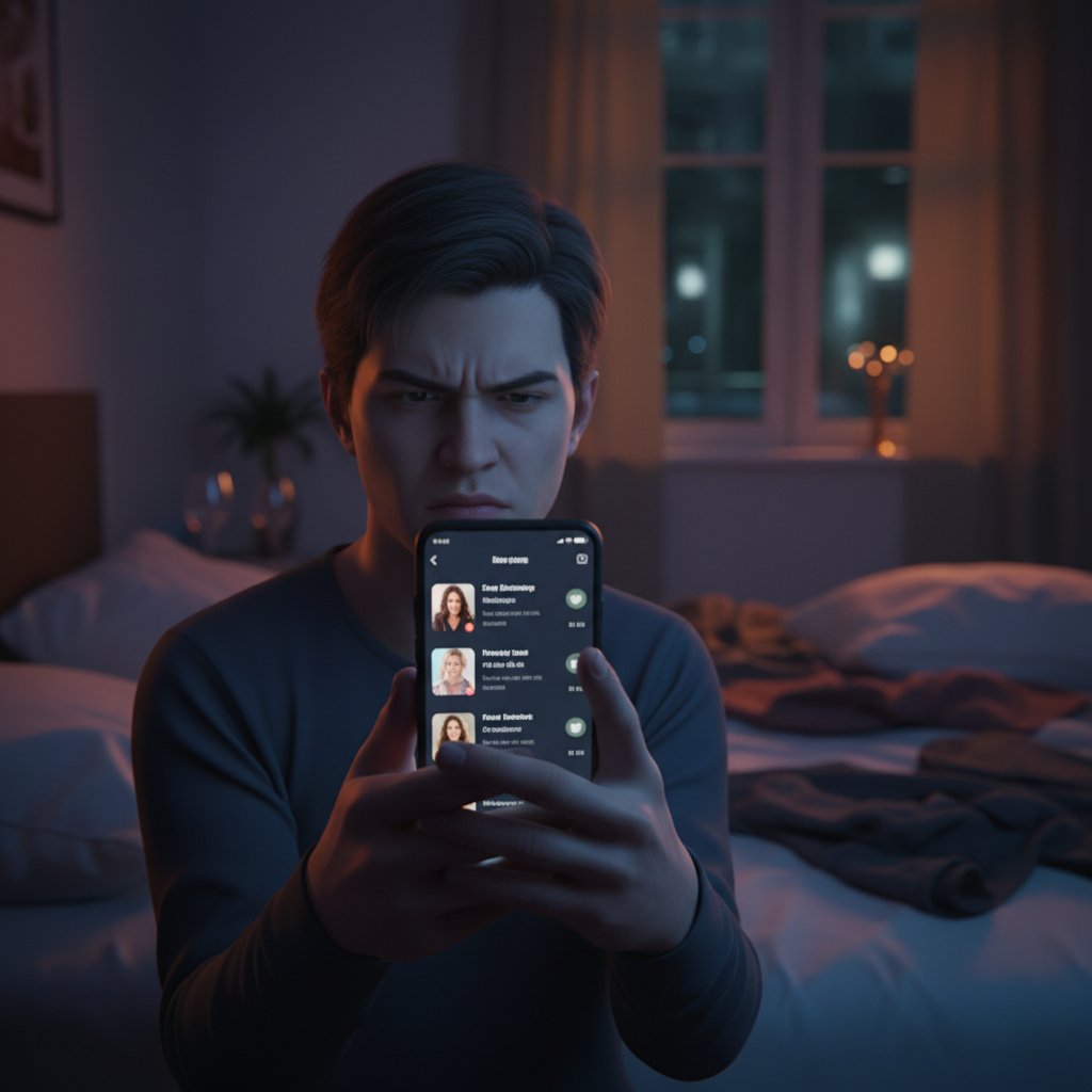 Eine Person blättert genervt durch Dating-Profile, sichtbar frustriert und nachdenklich