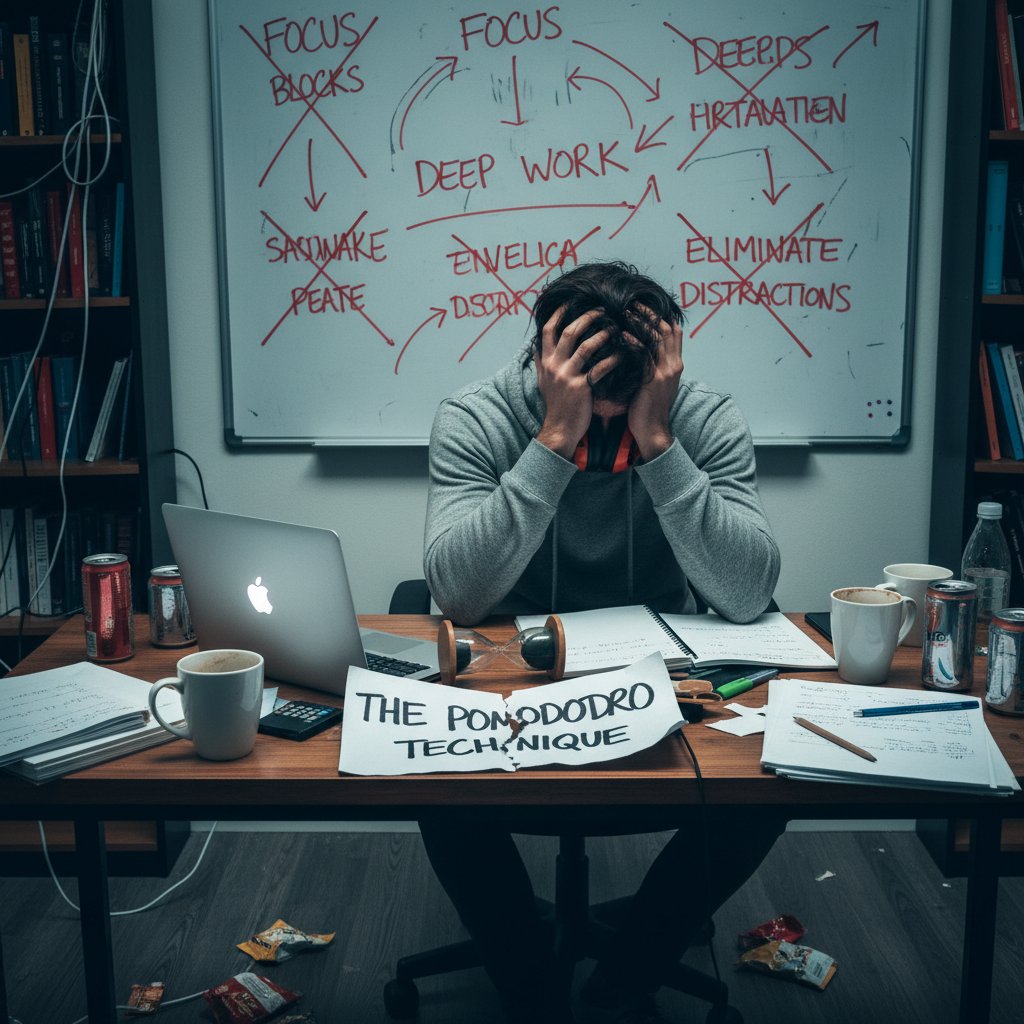 Osoba sfrustrowana przy biurku z rozrzuconymi materiałami, symbol porażki strategii focusingu