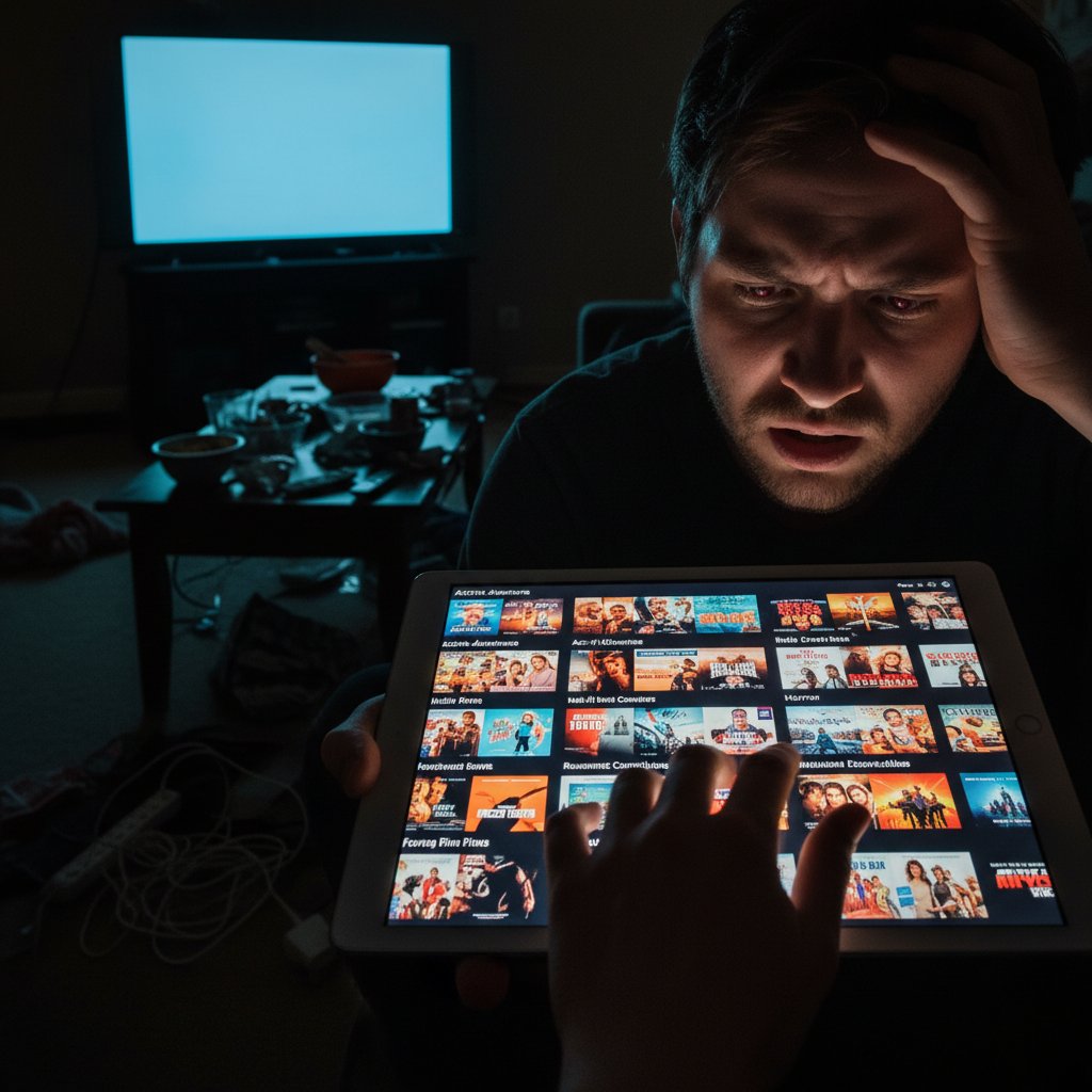 A frustrated person scrolling endlessly through streaming menus, surrounded by floating movie covers representing various genres, the glow from the screen casting stark shadows in the dark room