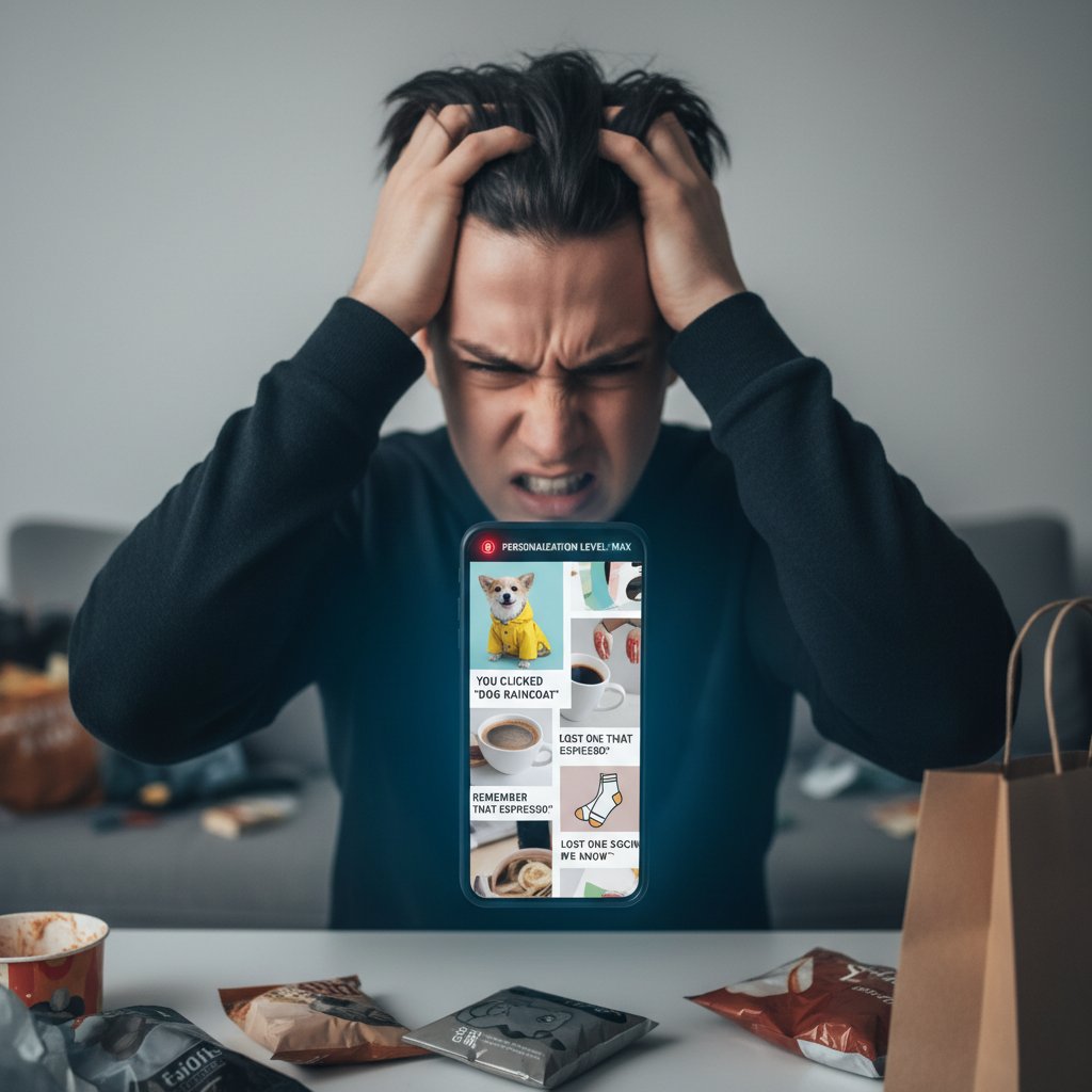 Osoba zirytowana nadmierną personalizacją reklam na telefonie
