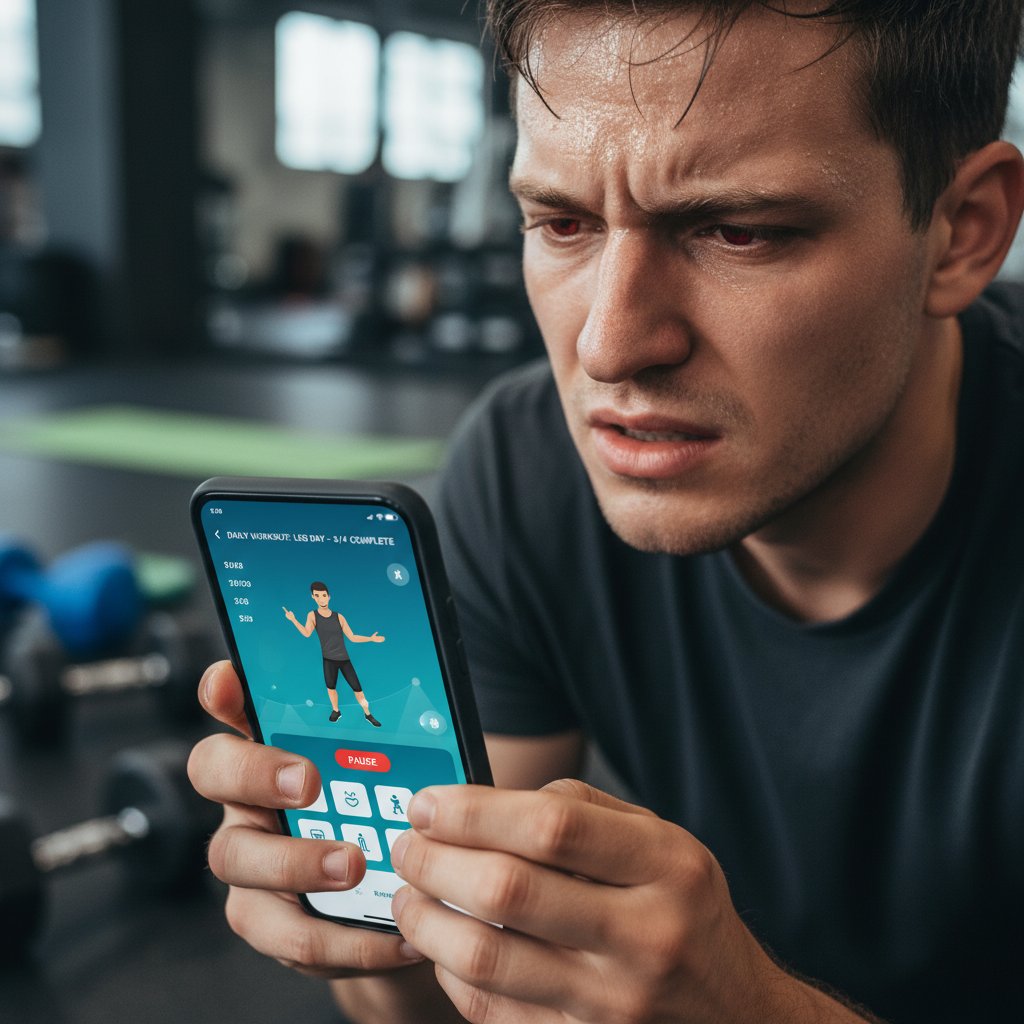 Osoba sfrustrowana patrząca na telefon podczas treningu, zmęczona aplikacją fitness