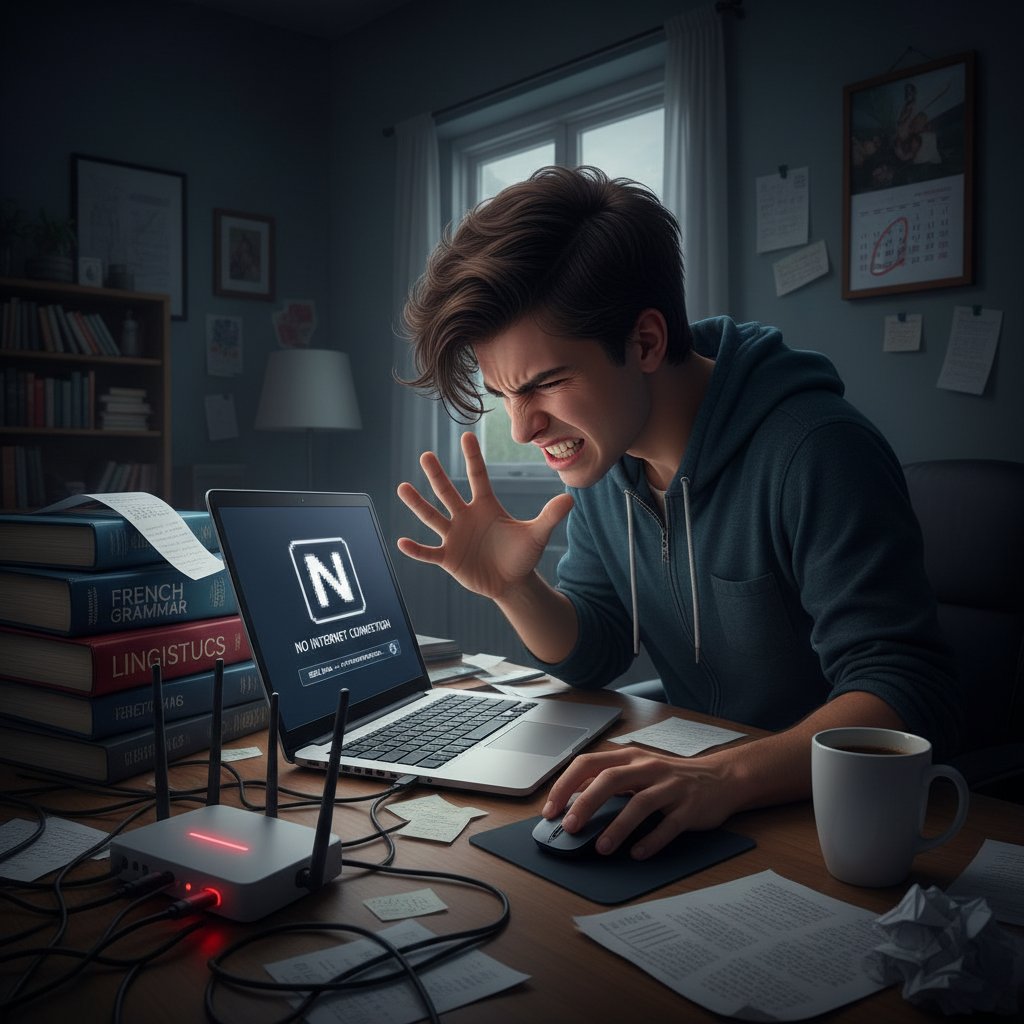 Zdjęcie osoby sfrustrowanej awarią połączenia internetowego podczas nauki do egzaminu SIELE