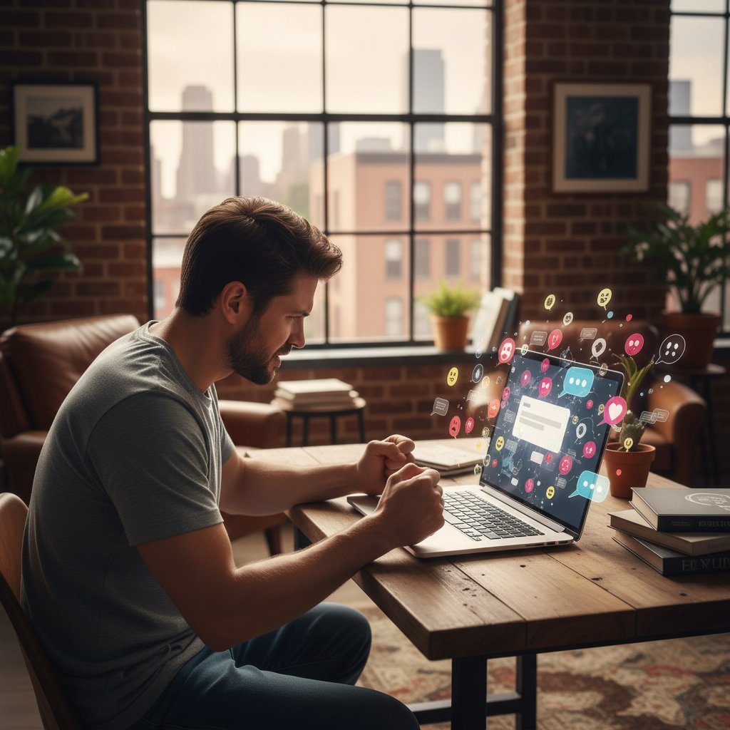 Zdenerwowana osoba pośrodku nocy, światło laptopa, cyfrowe ikony czatu, zegary – ilustracja problemu oczekiwania na poradę eksperta