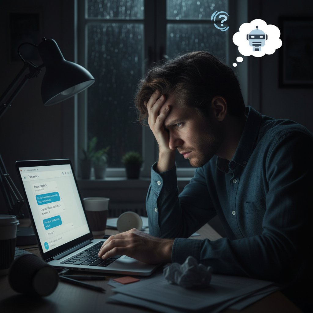 Stres frustracji podczas zadawania ogólnego promptu do ChatGPT, laptop w ciemnym pokoju, młoda osoba