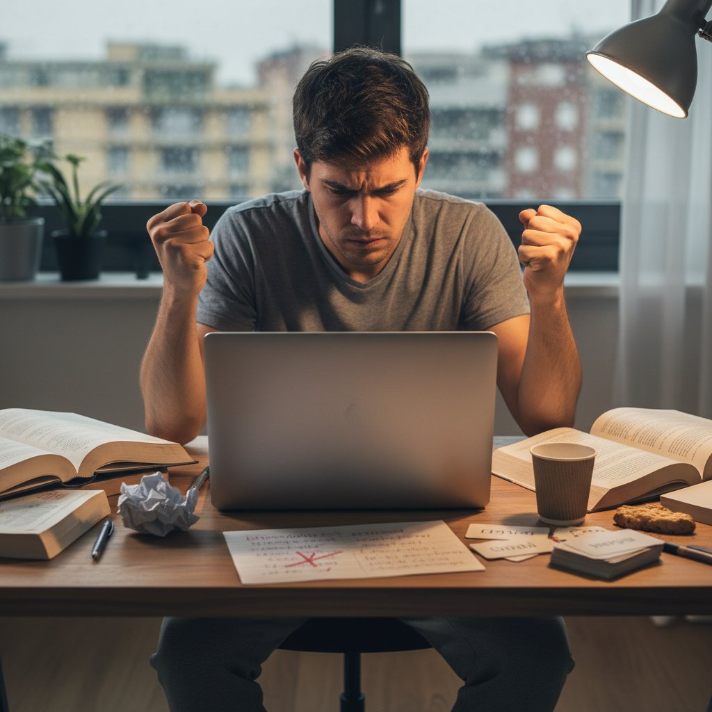 Osoba sfrustrowana nauką włoskiego online siedzi samotnie przy biurku z zamkniętym laptopem