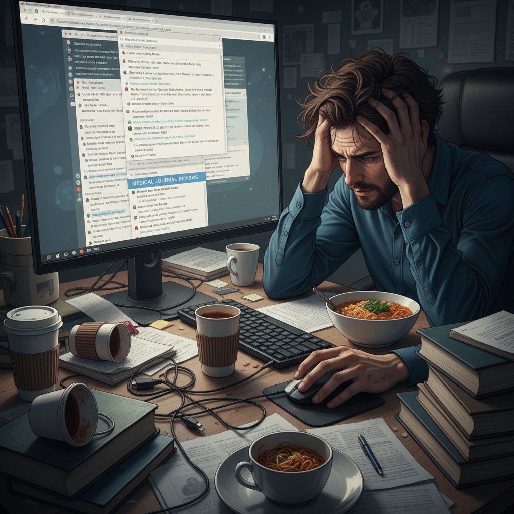 Osoba zagubiona w nadmiarze informacji zdrowotnych online, przy laptopie z otwartymi wieloma kartami