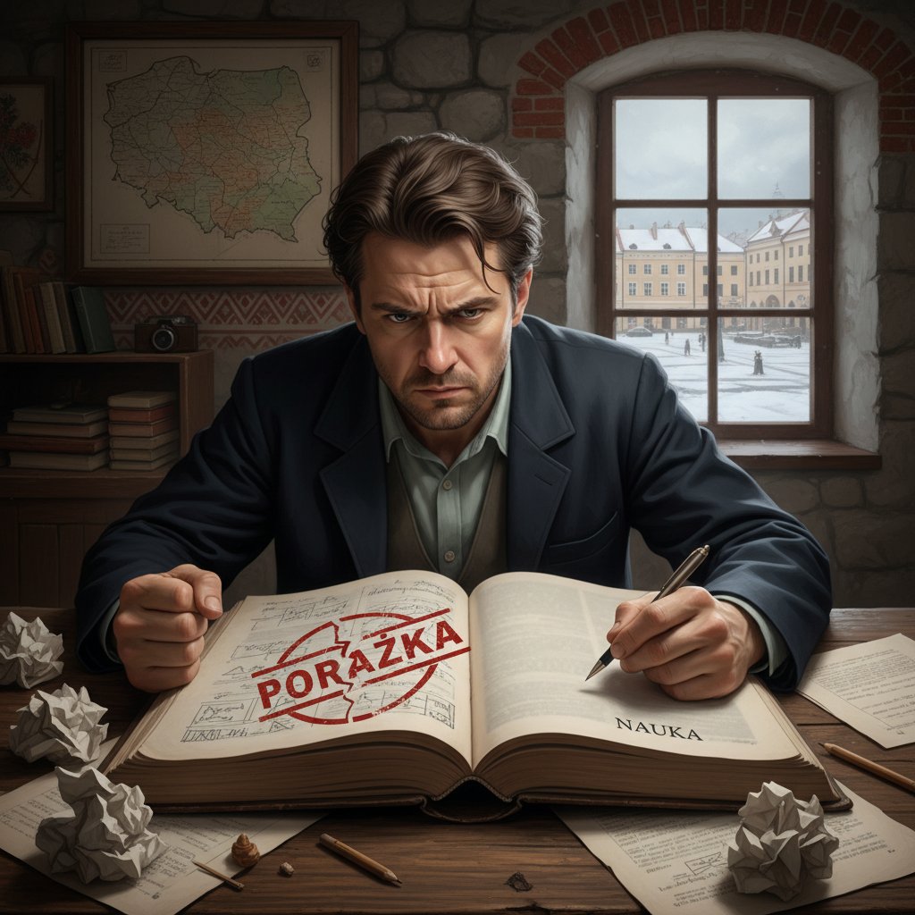 Osoba zniechęcona po nieudanym nadrabianiu wiedzy – frustracja, otwarta książka, brak motywacji, polskie mieszkanie