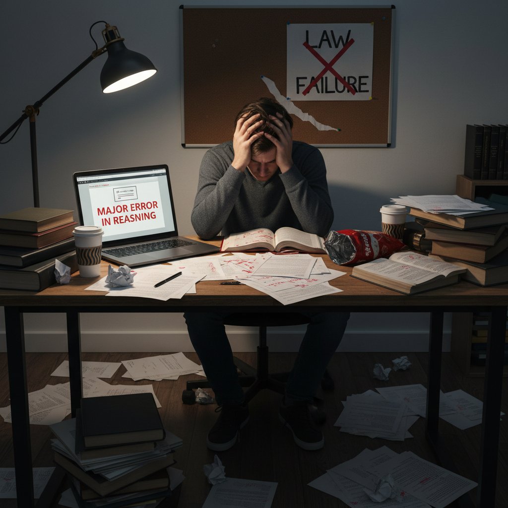 Sfrustrowana osoba patrząca na stos papierów i ekran laptopa po nieudanej próbie interpretacji prawa