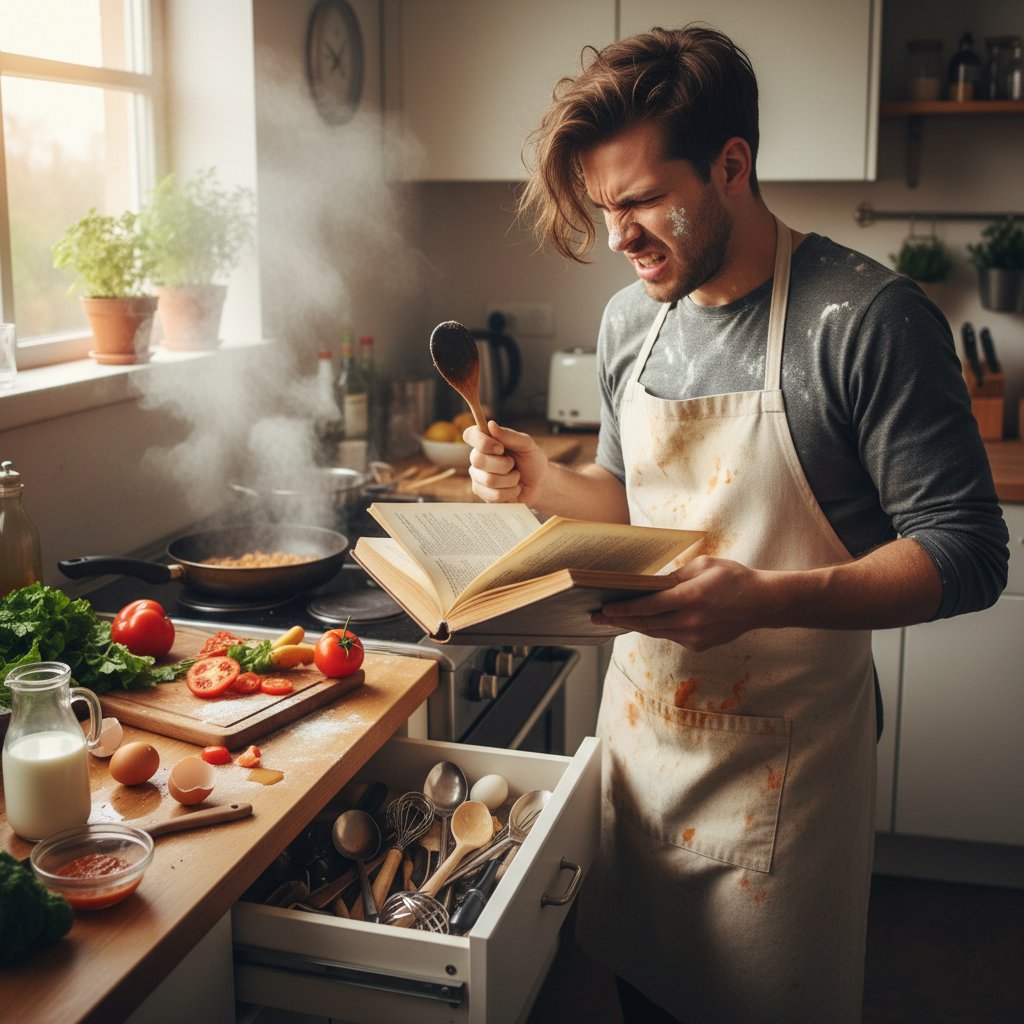 Osoba z frustracją patrząca na książkę kucharską – blokady mentalne w szybkim gotowaniu