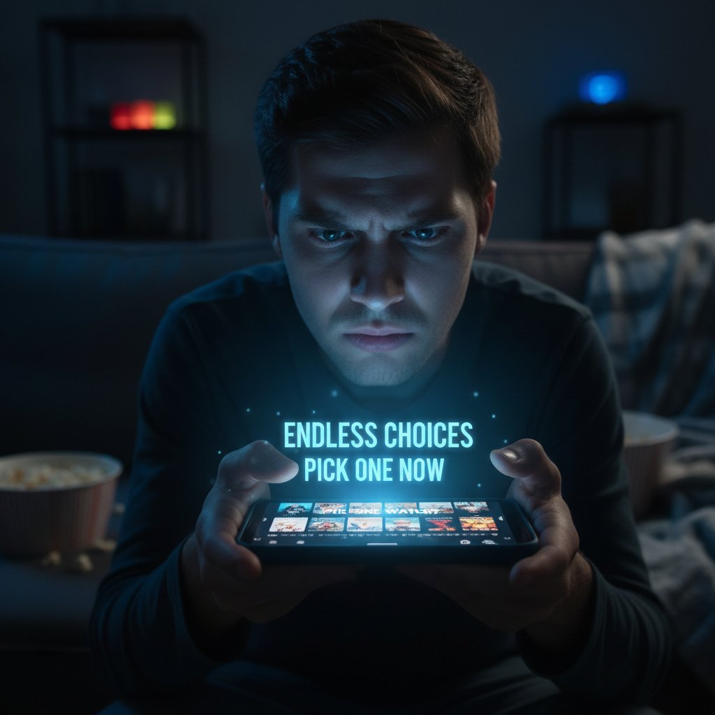 A frustrated person scrolling endlessly through a streaming app, face illuminated by blue light, in a dark room