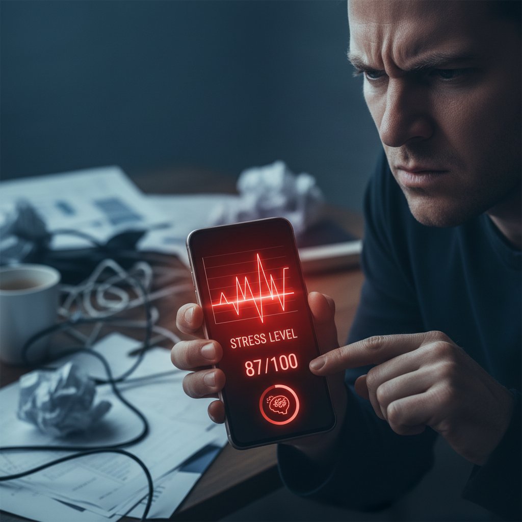 Osoba zdenerwowana wynikiem pomiaru stresu na telefonie