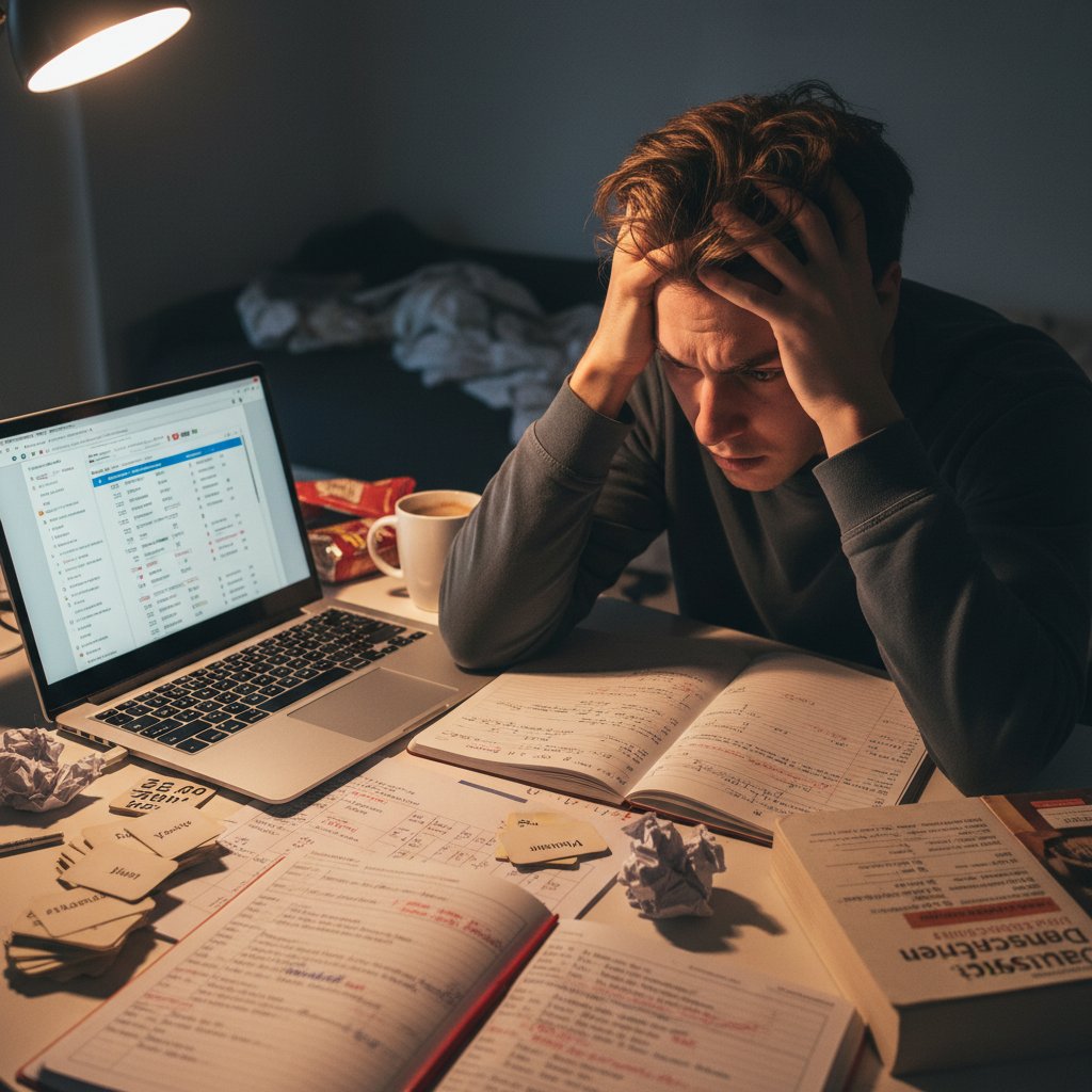 Zdjęcie osoby sfrustrowanej podczas nauki niemieckiego online, komputer, notatki