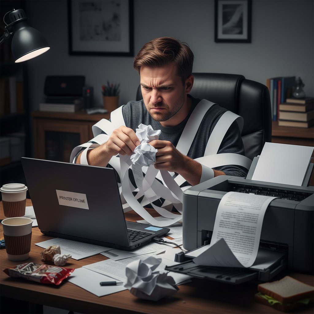 Osoba sfrustrowana plątaniną wydrukowanych dokumentów i laptopem – zbliżenie, kontrastowe światło