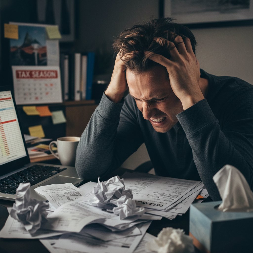 Person in distress after a tax calculation error, holding a phone and receipts