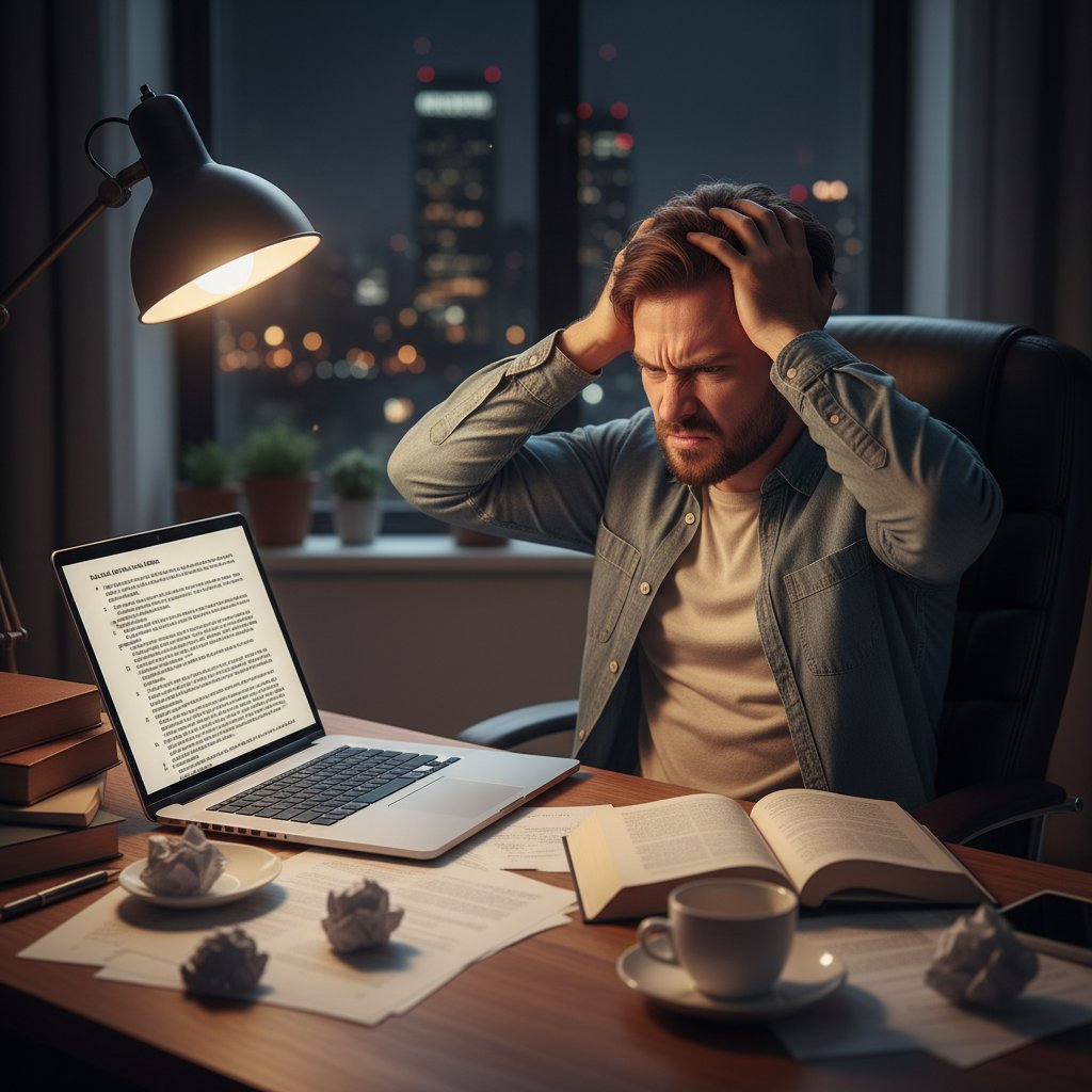 Frustrowana osoba próbująca zrozumieć skomplikowany tekst prawniczy na laptopie