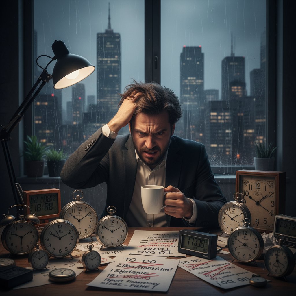 Zestresowany Polak wśród zegarków i list zadań, Warszawa, chaos