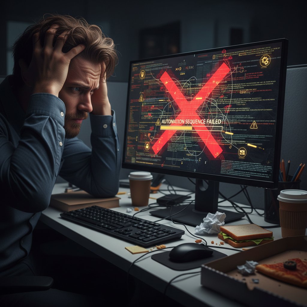 Zdjęcie osoby rozczarowanej aplikacją automatyzującą, siedzącej przed komputerem z wyrazem frustracji