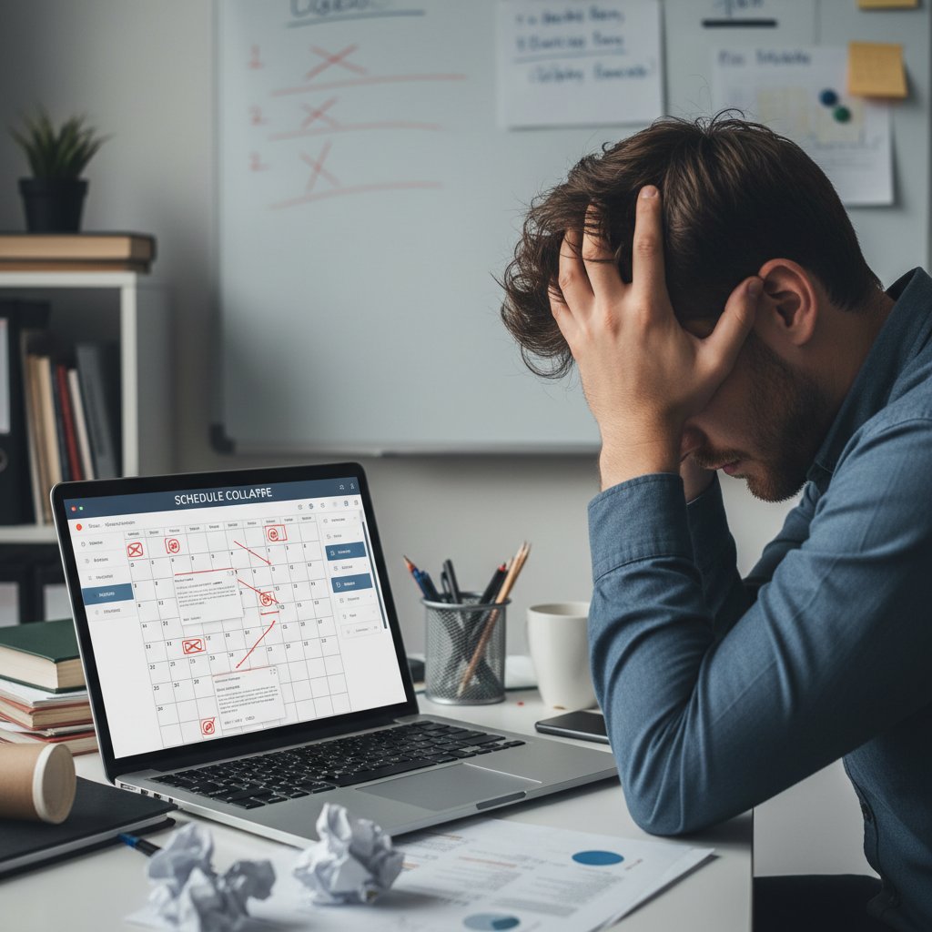 A professional looking frustrated at a detailed but collapsed schedule on a laptop, symbolizing the imperfection of perfect scheduling