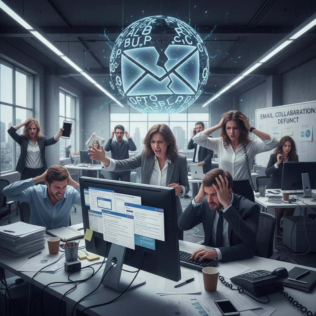 Frustrated professionals overwhelmed by emails in a modern office, symbolizing broken email collaboration