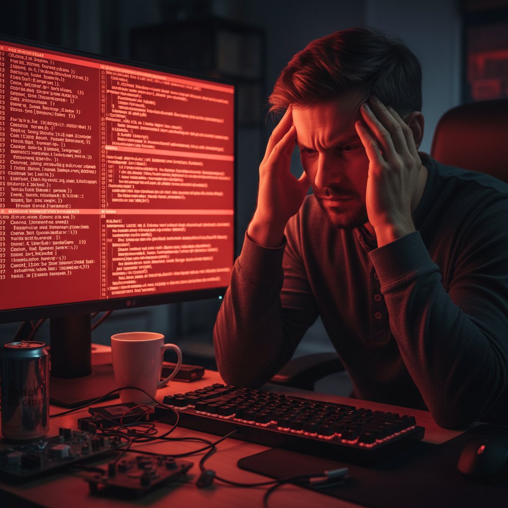 Programista sfrustrowany błędem AI, ekran z czerwonymi komunikatami, atmosfera napięcia
