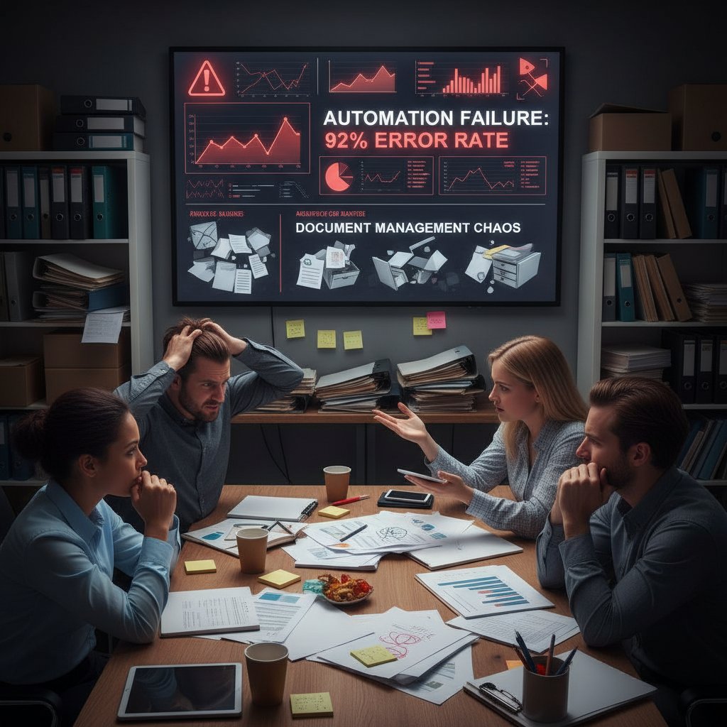 Frustrated project team looking at failed automation dashboard, chaos in background