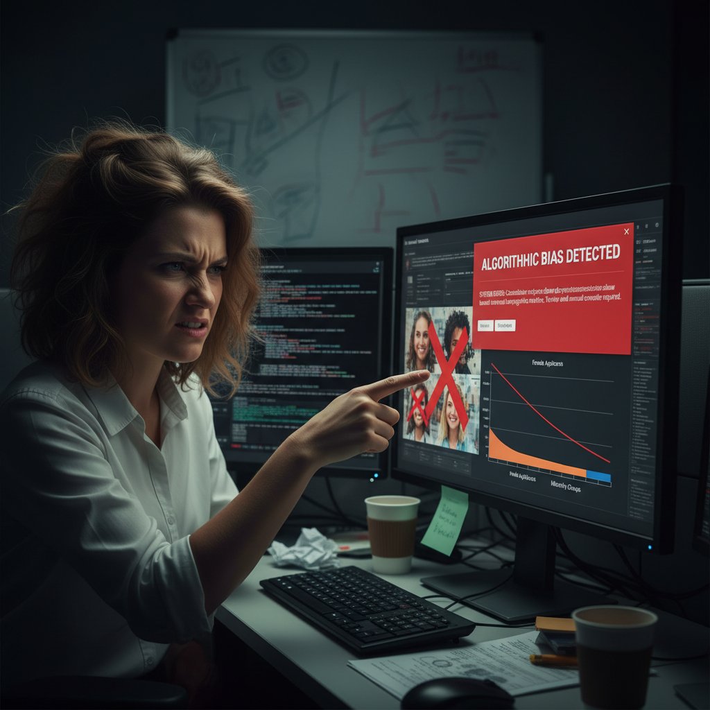 Rekruter sfrustrowany błędem systemu rekrutacyjnego, pokazujący algorytmiczne pułapki