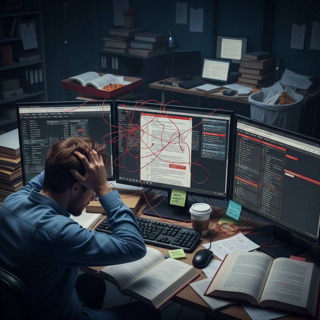 Frustrated researcher surrounded by research papers and a glitchy citation management screen, symbolizing citation chaos and errors