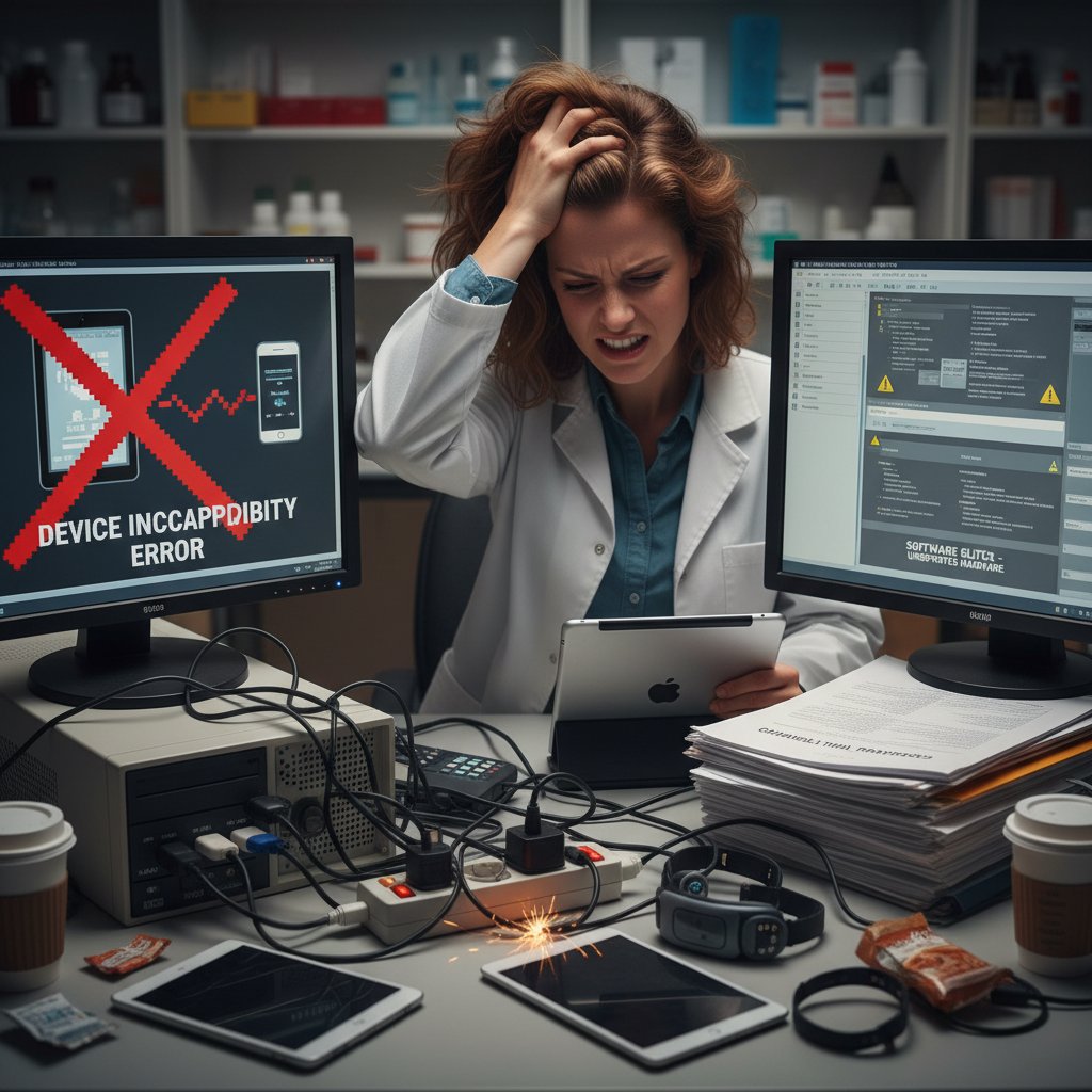 Frustrated researcher struggling with incompatible clinical research software and devices