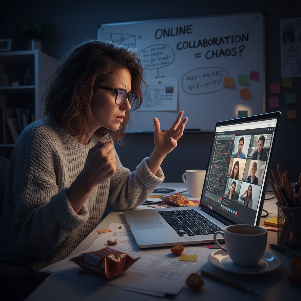 A frustrated researcher alone at a computer, digital notes floating around, symbolizing online academic collaboration challenges