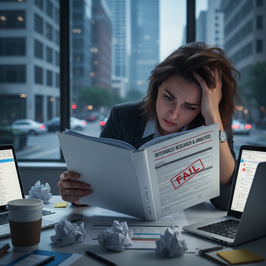 Frustrated researcher with outsourced report under harsh office lighting, illustrating the hidden costs and stress of outsourced analysis services