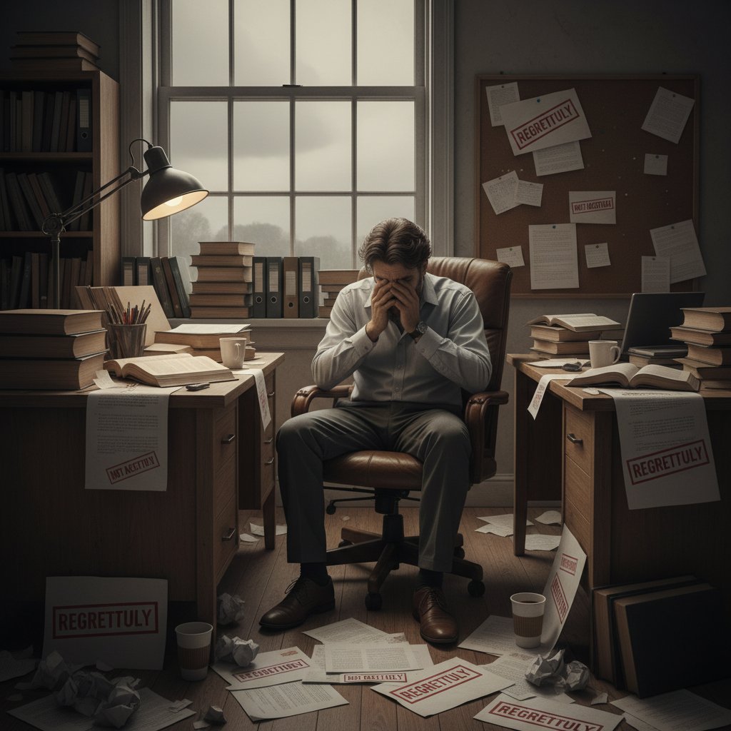 Frustrated researcher overwhelmed by rejection letters, symbolizing the consequences of failed hypothesis validation