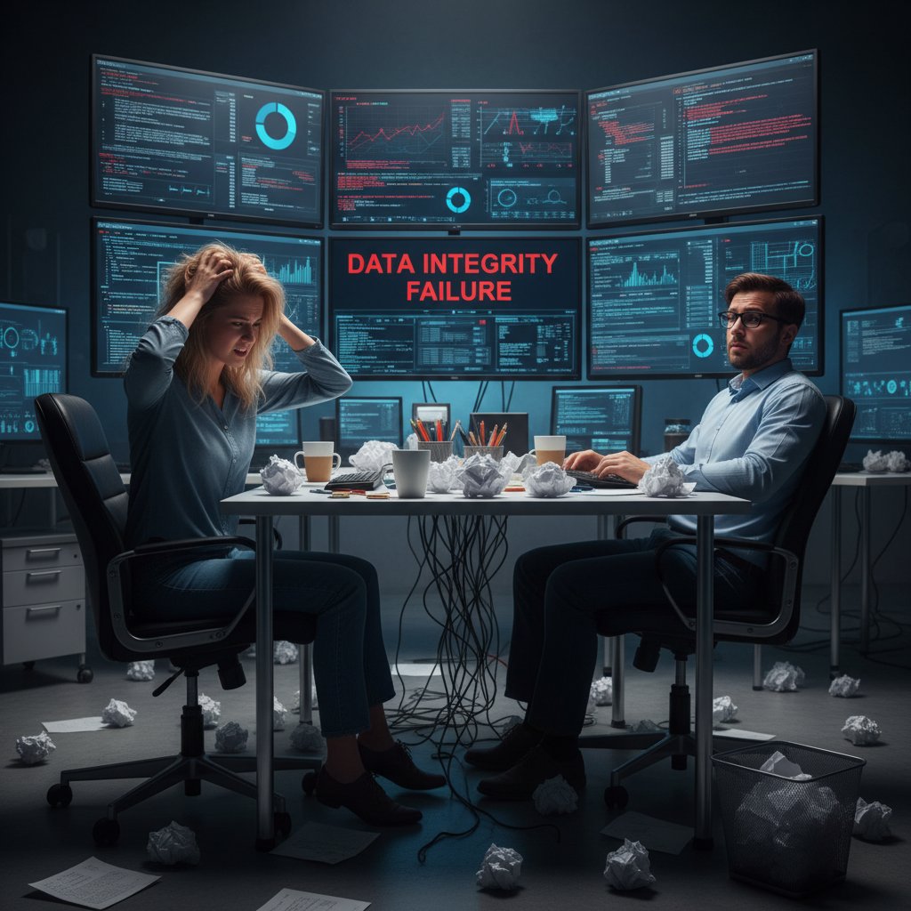 Edgy photo of frustrated diverse researchers surrounded by papers and data screens, spotlighting research analysis stress