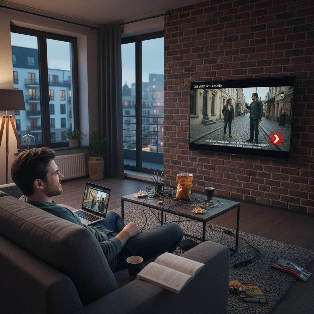 Person frustrated with streaming service, German film unavailable, dark moody lighting, urban apartment