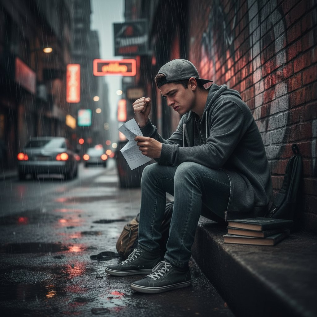 Zestresowany uczeń patrzy na ocenę