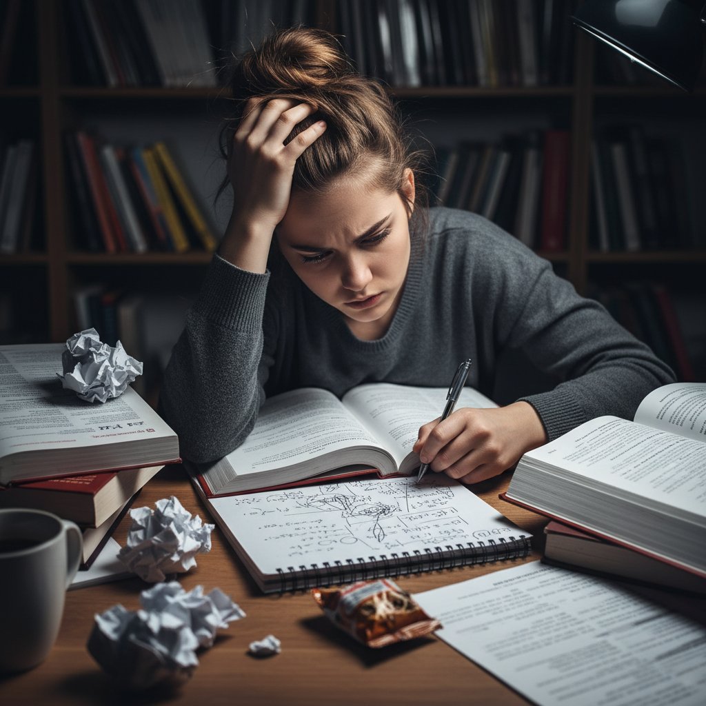 Zmęczony uczeń przy biurku, otoczony podręcznikami i notatkami z chemii organicznej