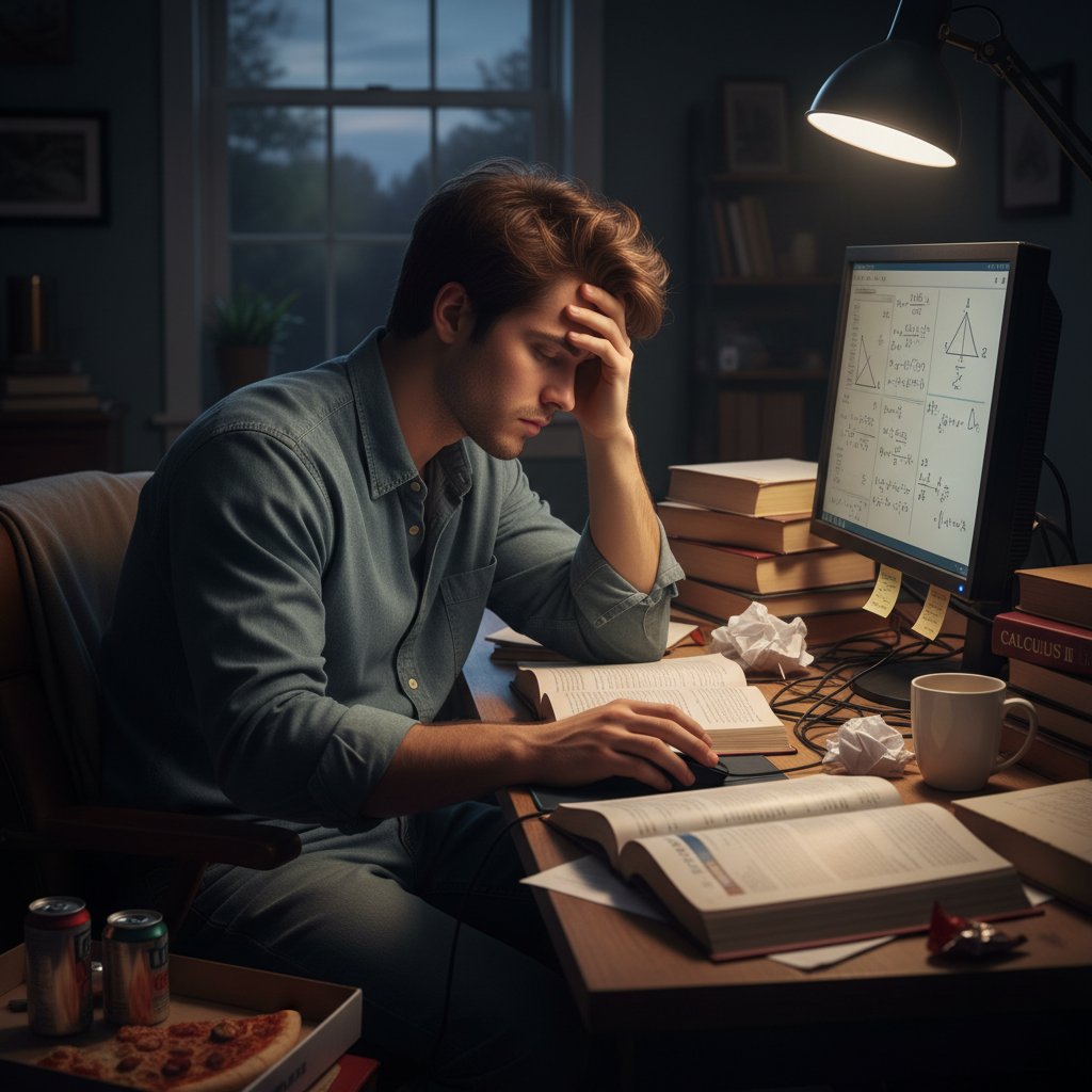 Zmęczenie nauką online – jak sobie radzić? Student sfrustrowany przy komputerze, znużenie nauką matematyki