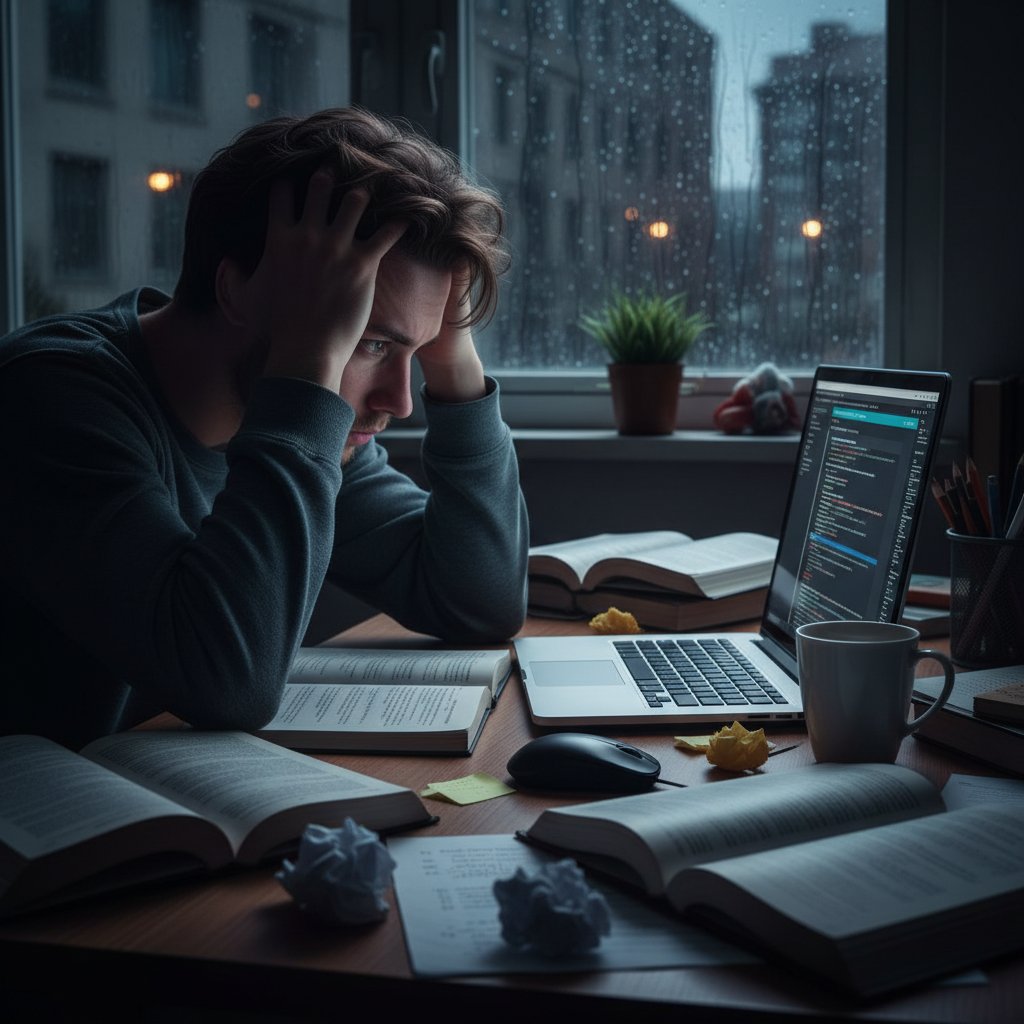Sfrustrowany student patrzący na ekran komputera, stos notatek, wieczorny mrok, atmosfera przytłoczenia