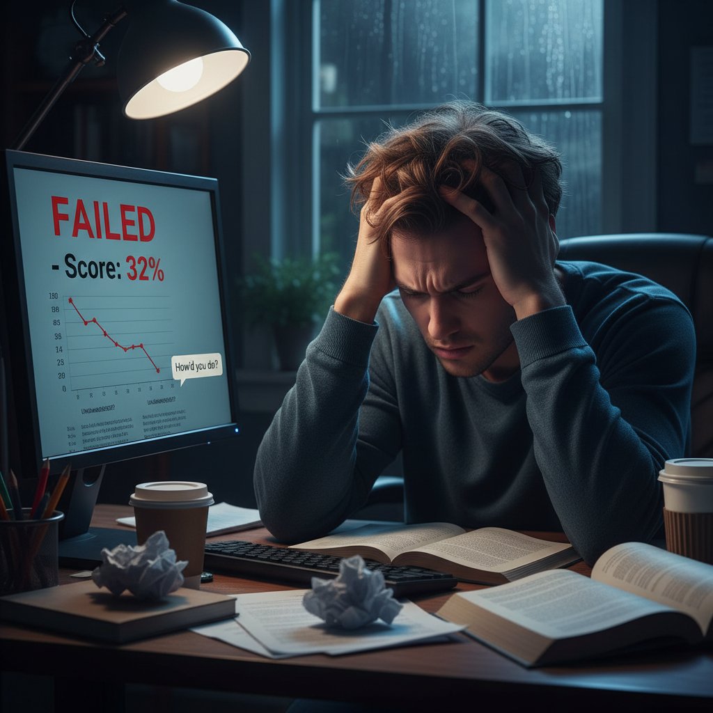 Uczeń sfrustrowany, patrzący na ekran komputera z czerwonym X przy wyniku testu