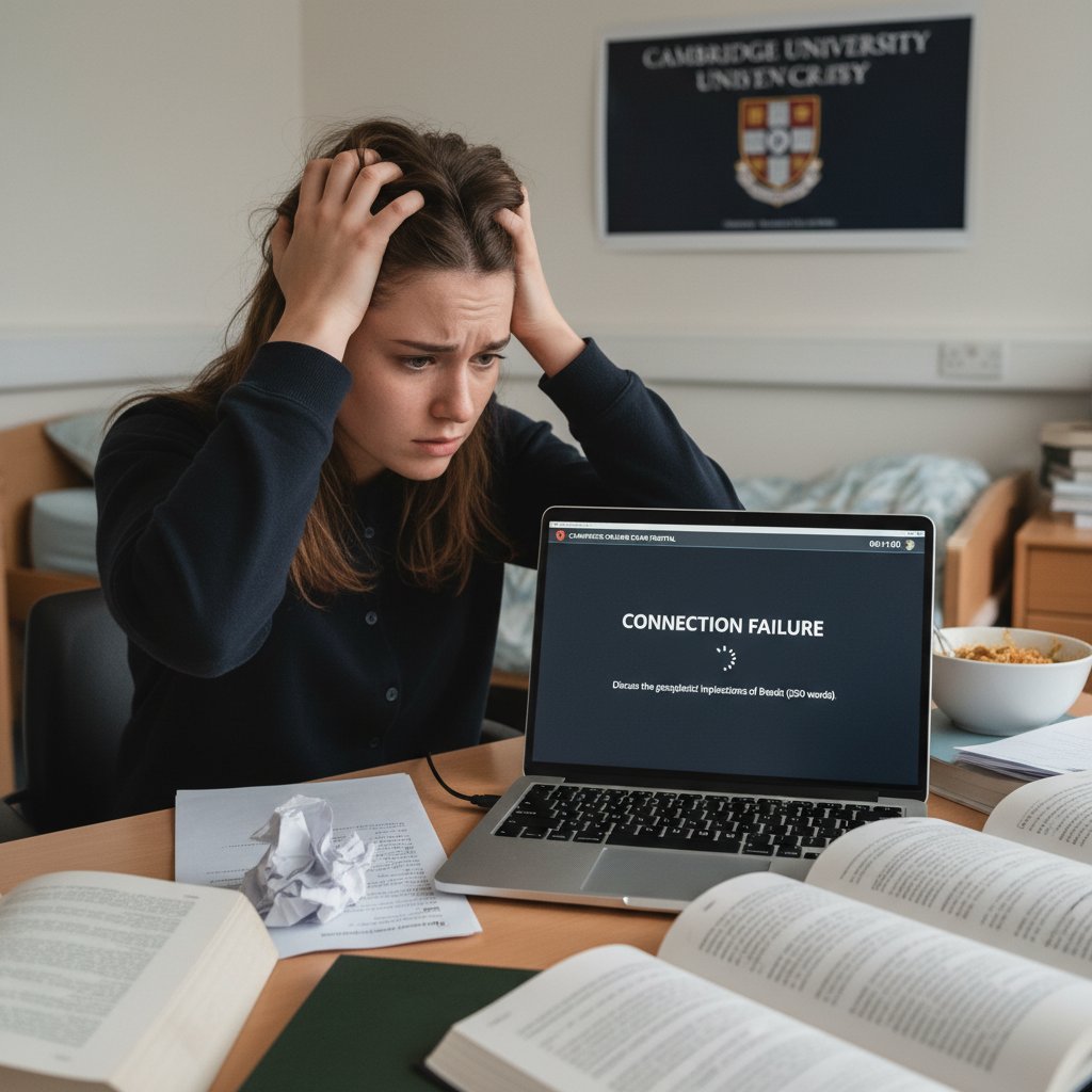 Osoba sfrustrowana po utracie połączenia podczas egzaminu cambridge online
