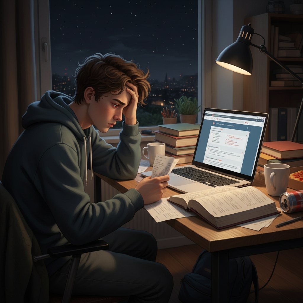 Uczeń sfrustrowany i wyczerpany po długiej nauce francuskiego online, zamyślony przy biurku