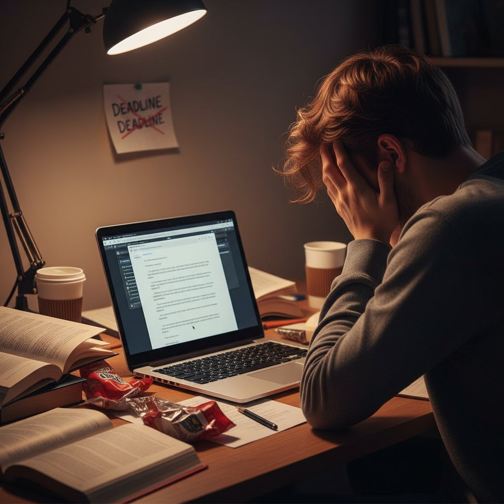 Zrezygnowany uczeń patrzący na ekran laptopa – utrata motywacji w nauce online