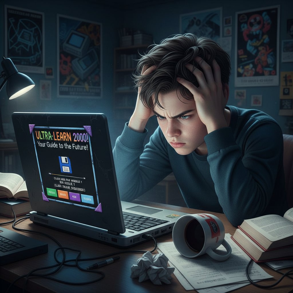 Zdenerwowany student patrzy na ekran laptopa z nieaktualnym kursem online