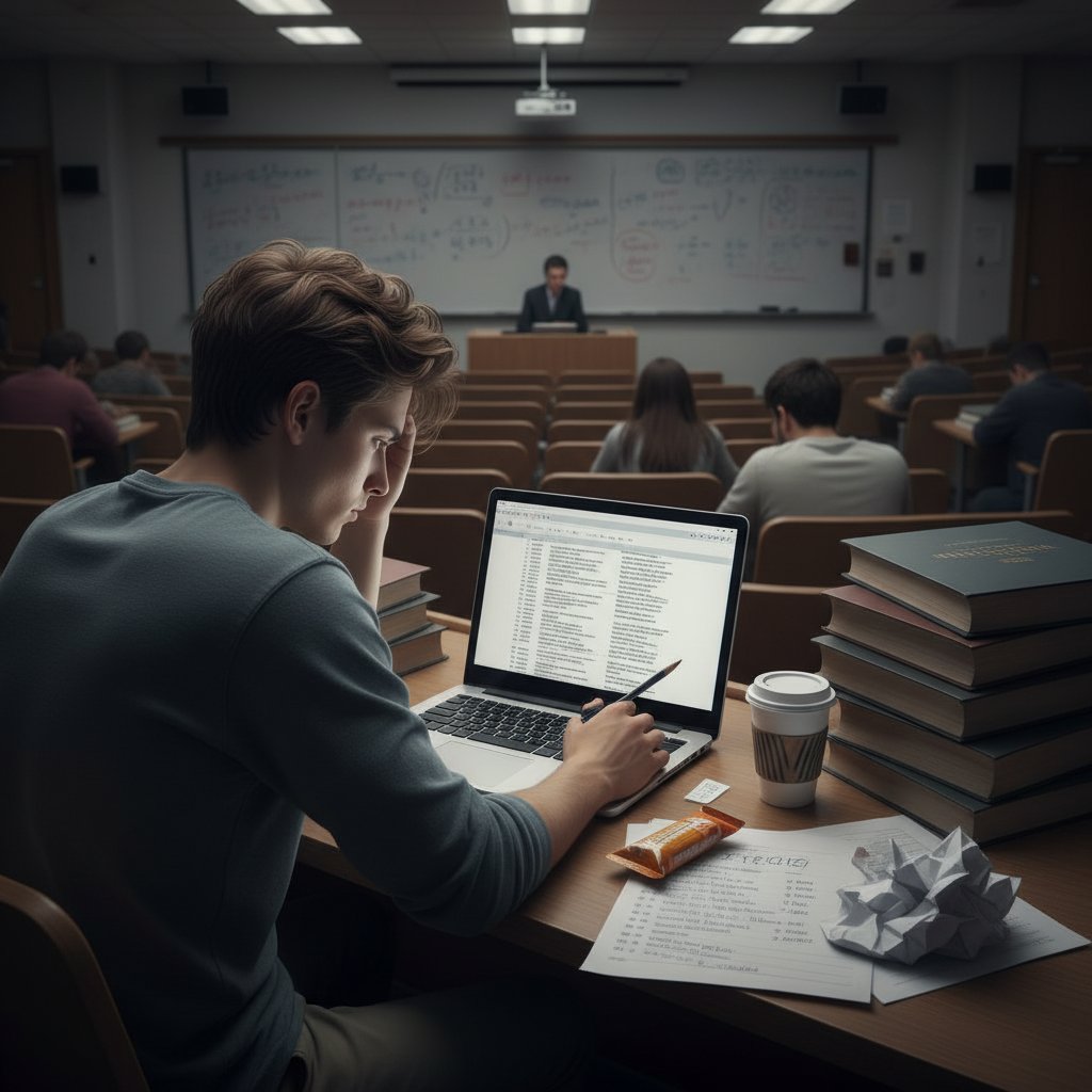 Zrezygnowany student patrzy na ekran z długimi wykładami, notatkami i brakiem motywacji