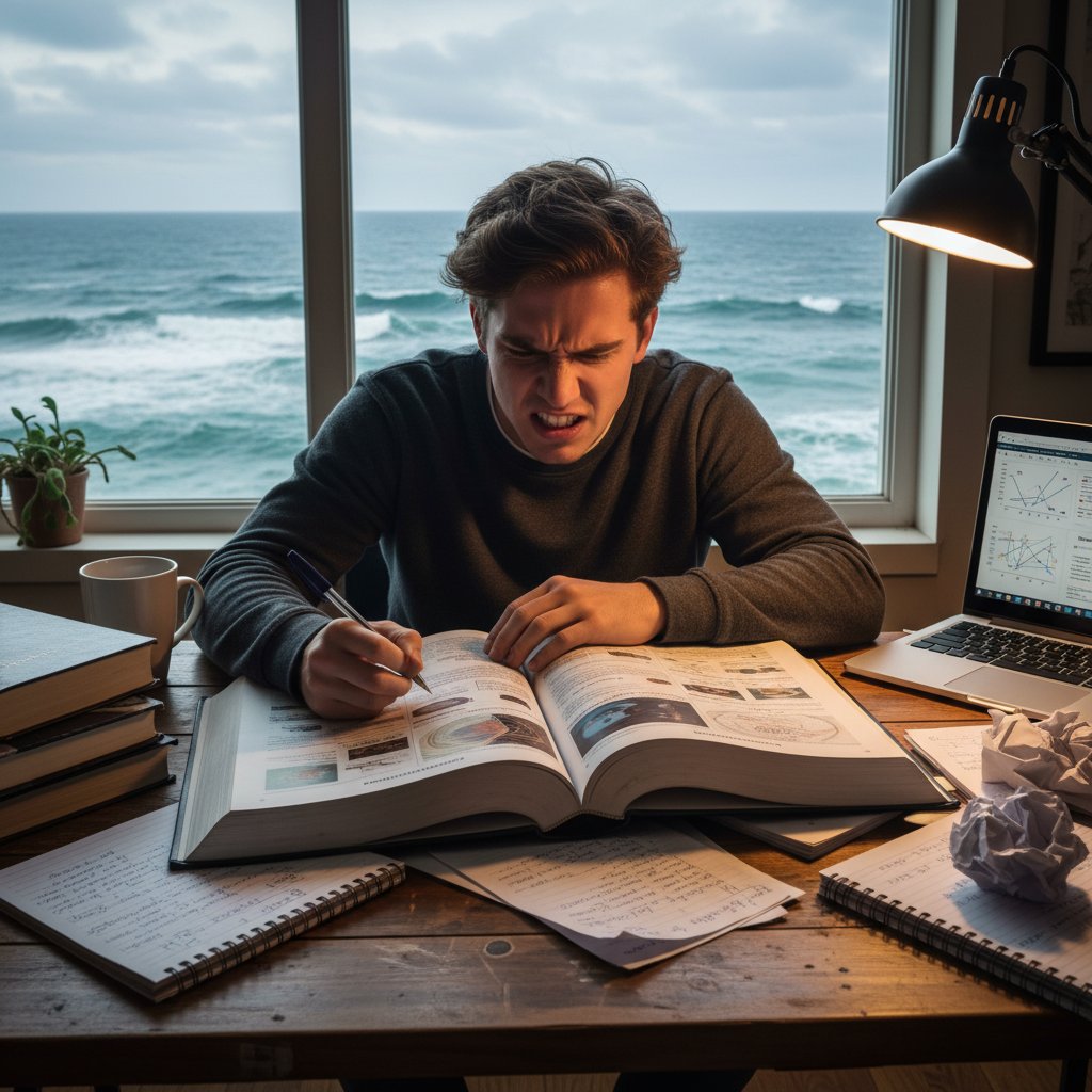 Młody uczeń zrezygnowany studiujący podręcznik oceanografii pełen notatek
