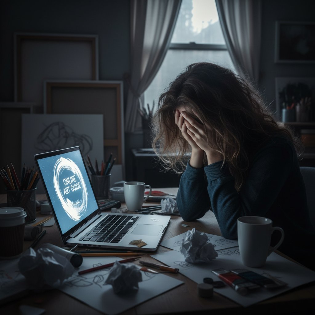 Młoda osoba sfrustrowana brakiem efektów pracy z poradnikiem plastycznym online, otwarty laptop, pogniecione kartki, ciemne otoczenie