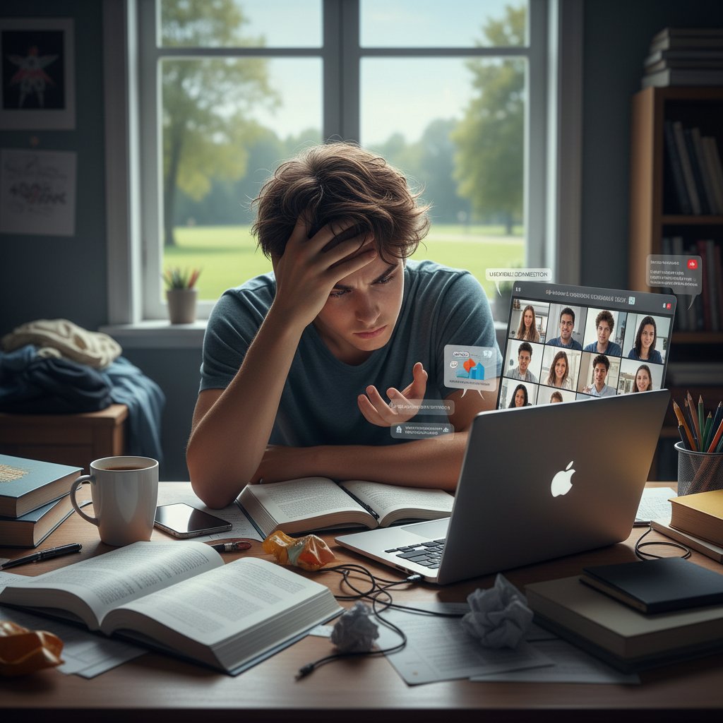 Zdjęcie sfrustrowanego ucznia przy laptopie, zmagającego się z nauką ortografii online