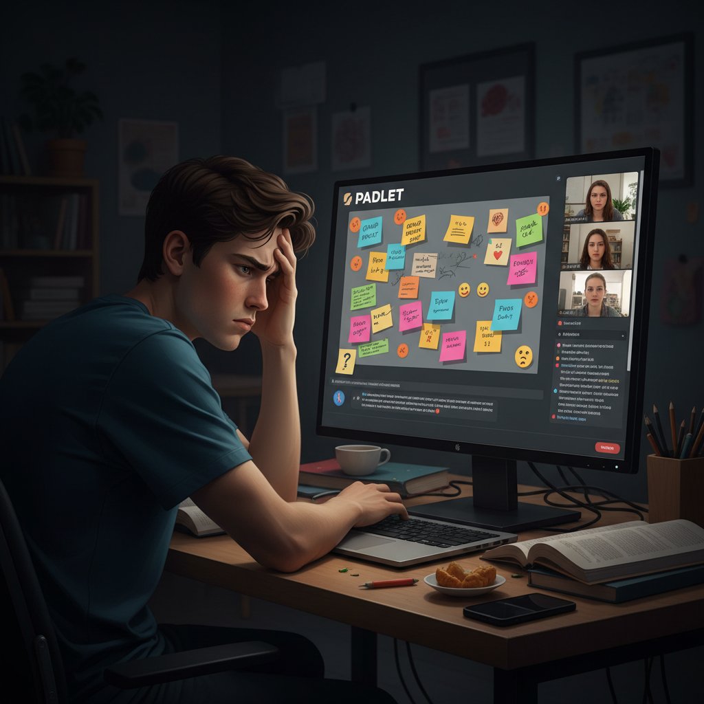 Uczennica sfrustrowana podczas pracy z Padlet na lekcji online – ciemne tło, komputer